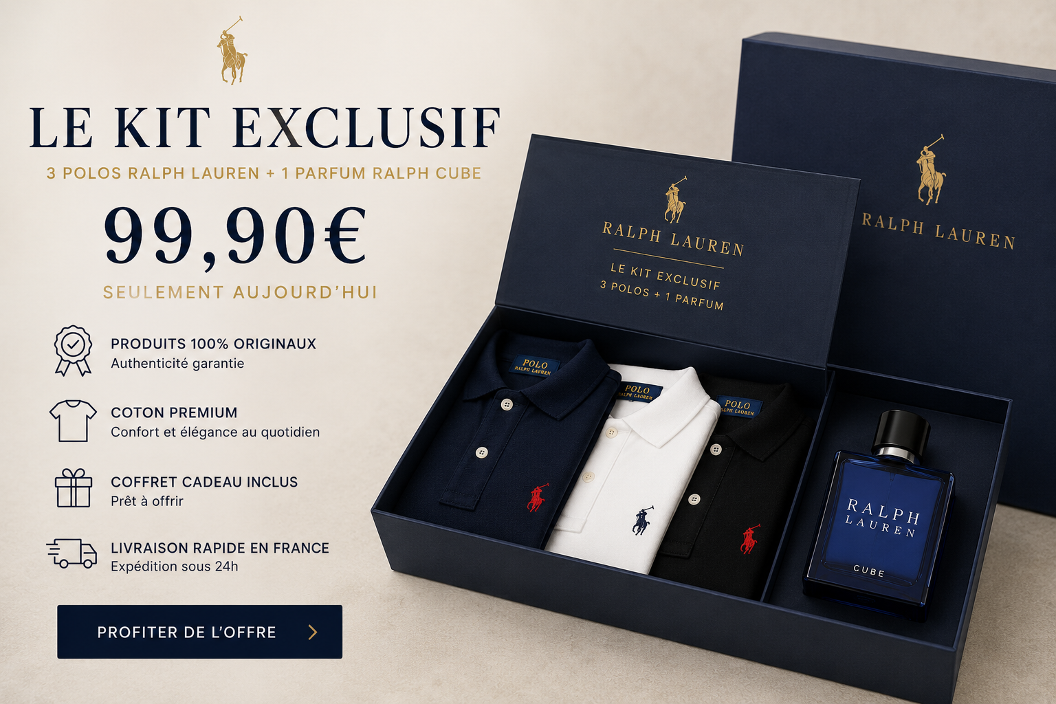 Le kit exclusif — 3 polos Ralph Lauren + 1 parfum à 99,90€